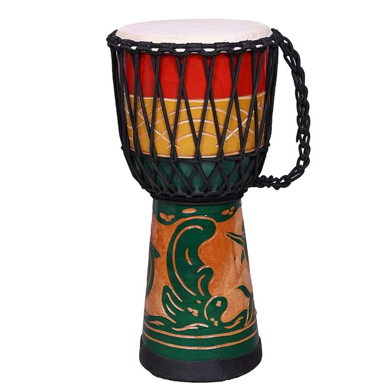 Image of StarJam Single Wood Shell Mahogany Wood Djembe Drum - 10 Inches Diameter X 20 Inches Height Musical Instrument Deep Carved - Dolphin Carved Djembe