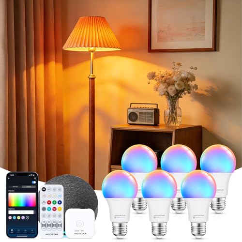 Aigostar Mesh - 9W Alexa Glühbirne Bluetooth Mesh A60, Smarte Glühbirne Funktioniert mit Alexa, Smart Bulb E27 LED 806LM RGB & 2700K-6500K, 6 Stücke (mit Bluetooth-Fernbedienung und Gateway)