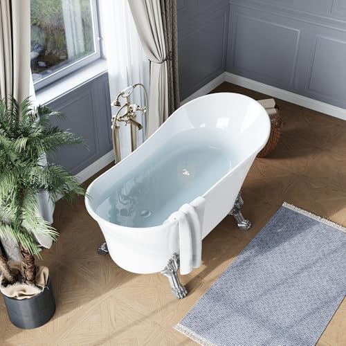 Image of GarveeLife Freestanding Slipper Clawfoot Bathtub 59 inch - Heavy Duty Acrylic Soaking Tub with Chrome Feet, Drain & Overflow, Elegant Vintage Design for Relaxing Home Spa and Bathroom Remodels