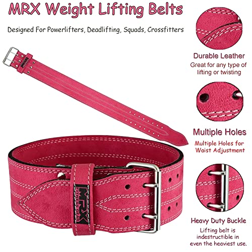 Mrx Powerlifting Leather Belt 4" Wide 10Mm Thickness Training Fitness Back Support Bodybuilding Belts With Steel 2 Prong Buckle Pink (Small) #TOP2