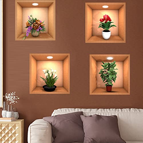 Payutou 4Pcs Wall Stickers Plants 3D Green Plants Wall Sticker Creative Diy Botanical Wall Art Mural Decoration For Living Room Bedroom Kitchen Decor (11.8X11.8”) (N1077) #TOP4