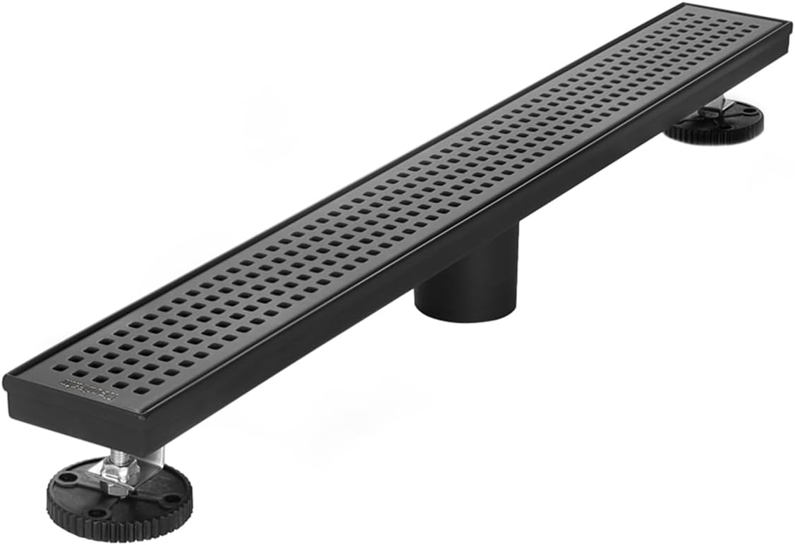 Neodrain 32-Inch Black Linear Shower Drain with Removable Quadrato Pattern Grate,Professional 304 Stainless Steel Rectangle Shower Floor Drain Manufacturer,Leveling Feet,Hair Strainer,Matte Black