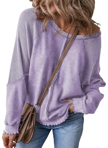 SHEWIN Sweatshirts for Women Casual Loose Long Sleeve Tops Crewneck Sweatshirts Lightweight Off The Shoulder Tops for Women Trendy Purple Medium