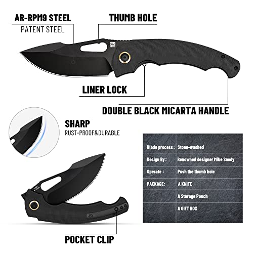 Artisancutlery Folding Pocket Knife For Men With Thumb Hole Edc Knife 3.86" Ar-Rpm9 Black Pvd Steel Blade And American Double Black Micarta Handle Xcellerator(1860P) #TOP3
