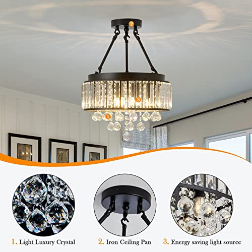 Yyjlx 4 Light Modern Crystal Semi Flush Mount Ceiling Light Fixture Black Metal Chandelier E12 Indoor Round Ceiling Lamp For Dining Room Living Room Laundry Room Foyer Kitchen Bedroom. #TOP2