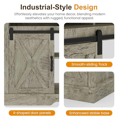 Image of RoyalCraft Farmhouse Fireplace TV Stand for 65+ Inch TV, Entertainment Center with 23 inch Electric Fireplace with Remote, 34 inch Modern Rustic TV Console with Sliding Bar Door for Living Room, Light Grey