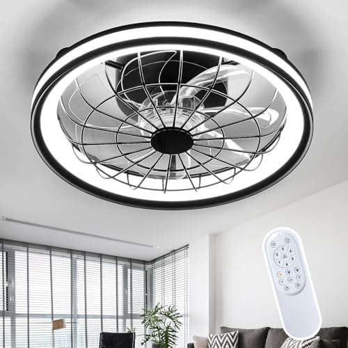 16.9” Flush Mount Ceiling Fan with Remote Control, Bladeless Ceiling Fans with Lights, 3-Dimmable LED, 6 Speeds Reversible Low Profile Ceiling Fan, Quiet DC Motor Fandelier Ceiling Fan for Bedroom.