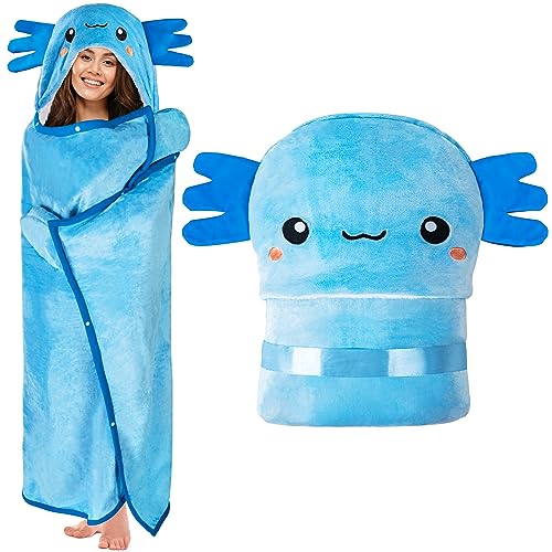 Axolotl Wearable Hooded Blanket for Adults - Super Soft Warm Cozy Plush Flannel Fleece & Sherpa Hoodie Throw Cloak Wrap - Axolotl Gifts for Women Adults and Kids