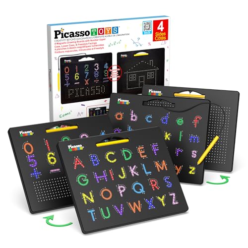 PicassoTiles 2PK 4-in-1 Magnetic Drawing Board 12x10 inch Large Magnet Tablet Pad with 4 Facings Lowercase & Uppercase Alphabets, Numbers, & Freestyle STEM Learning Writing Reading Playboard PTB06