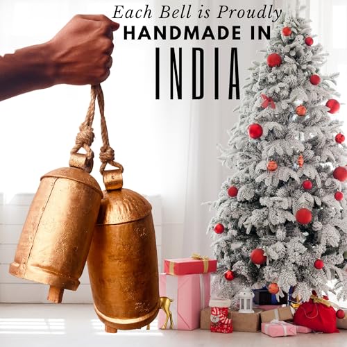 Rustic Decorative Bells Set of 2 - Giant Harmony Cow Bells | Handmade Vintage Christmas Bells Huge Golden Cowbell Country Style Jute Rope Hanging Bell Wall Decor (2X Harmony Bells 8\"-10\")