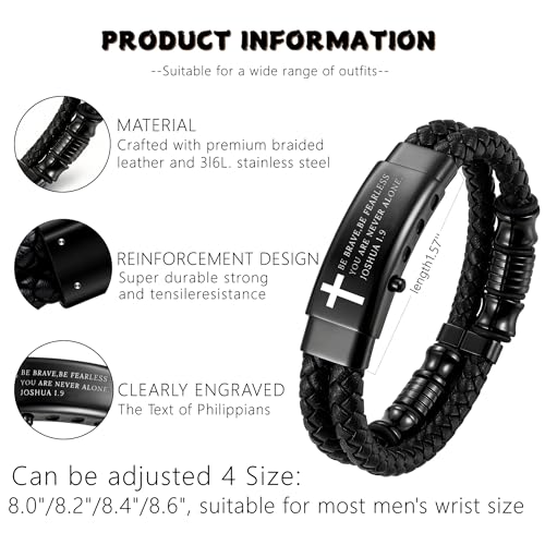 Men's Bracelet, Black Braided Leather Cord Bracelet with Bible Verse, Gifts for Men, Dad, Friends, Brother, Sons, Suitable for Weddings, Graduation Ceremonies, Parties - Image 3