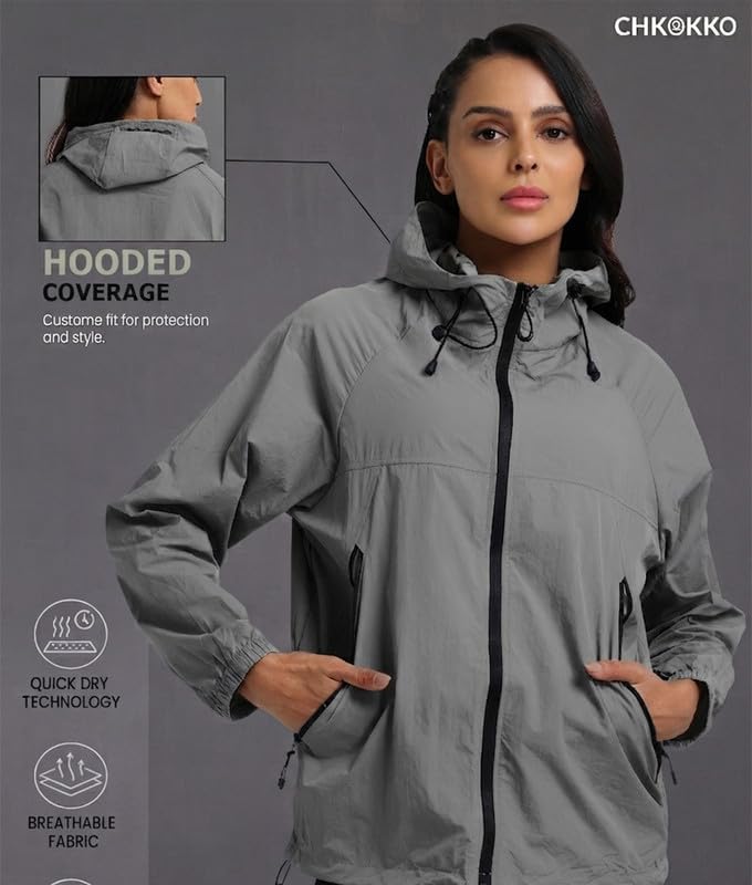 Image of CHKOKKO Windcheater For Women With Hood | With Advanced Upf 50+ UV Windproof Windbreaker Sunscreen | Lightweight Water-repellent Sports Outdoor Travel & Everyday Wear Windshield