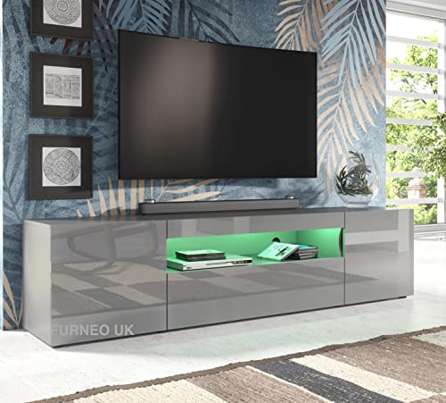 Furneo 200cm Long TV Stand Unit Cabinet Matt & High Gloss Grey Clifton08G RGB (multicoloured) LED Lights