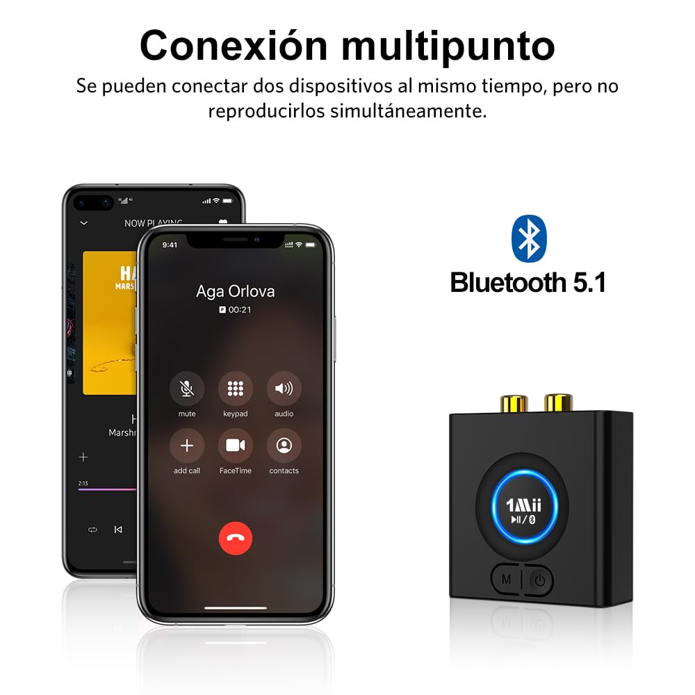 1Mii Receptor Bluetooth HiFi para Sistema Estéreo, Adaptador Audio Inalámbrico AUX/RCA Jack 3.5 con Refuerzo de Graves, Baja Latencia, 12H Autonomía para Amplificador, Coche y Altavoz