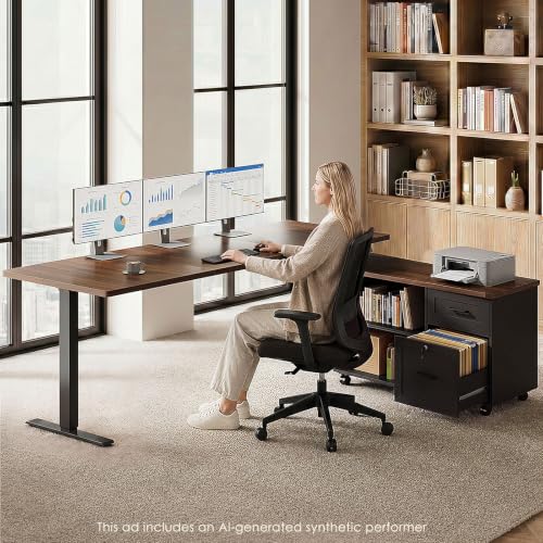 Image of OffiGo 63 inch L Shaped Electric Standing Desk with Cabinet Sets, Walnut /Black