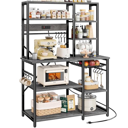 Image of SUPERJARE Large Bakers Rack with Power Outlets, 6-Tier Microwave Stand, Coffee Bar with 12 S-Shaped Hooks, Kitchen Shelf with Wire Basket, 39.4 x 14.6 x 66.9 Inches, Charcoal Gray