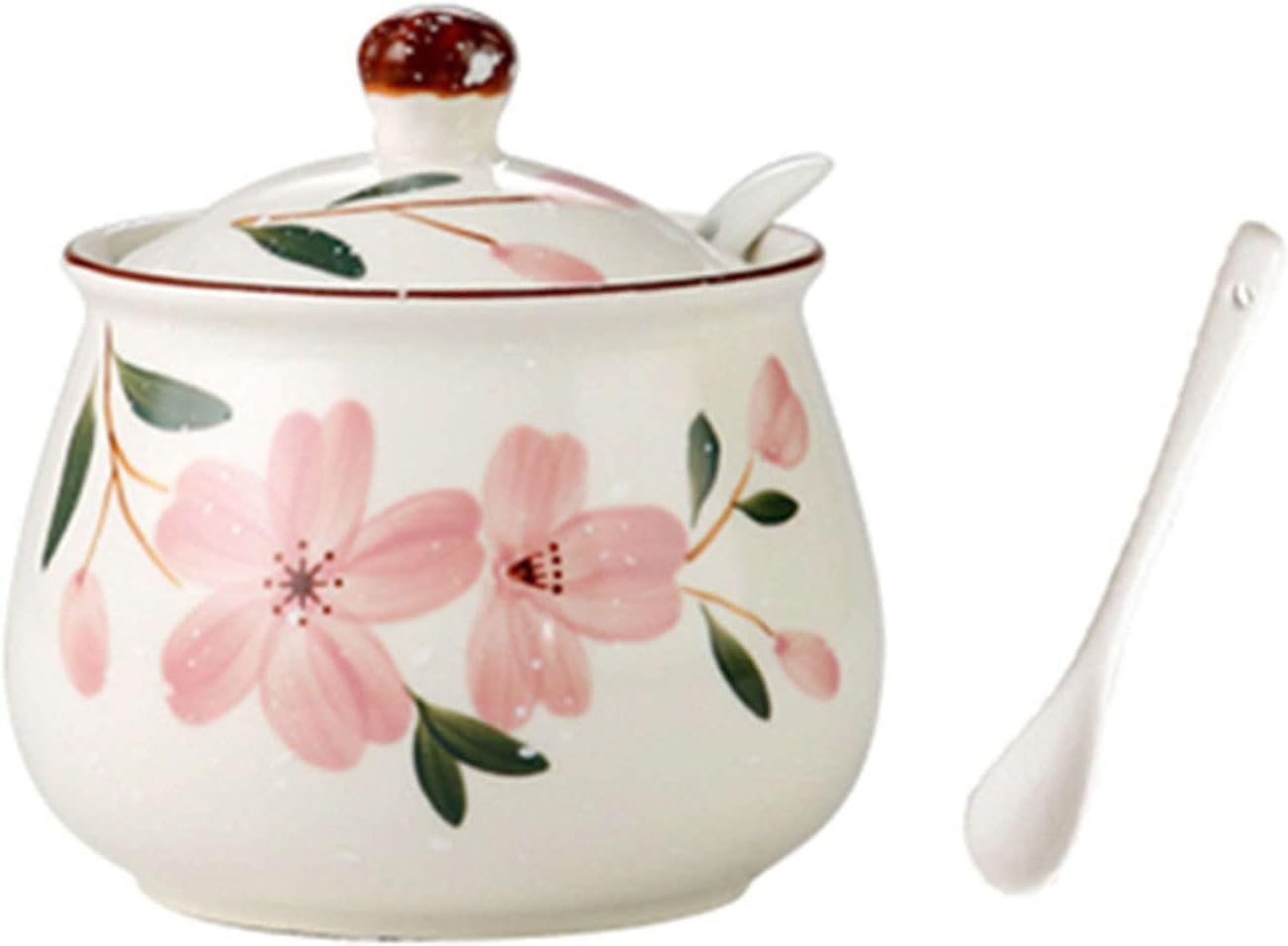 cukiernica, różowy wzór kwiatu wiśni cukiernica z pokrywką, cukiernica z łyżeczką, ceramiczne słoiczki na przyprawy, dekoracja kuchenna-kwiaty wiśni-350ml