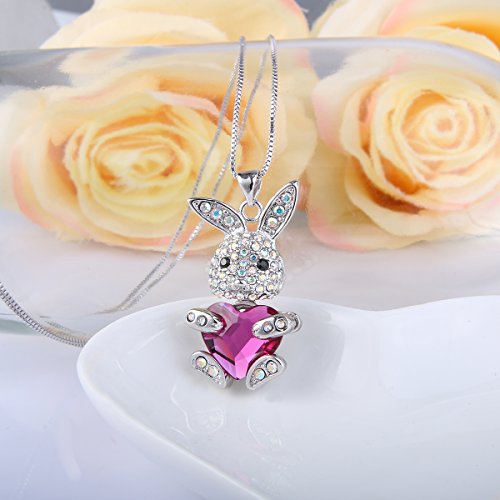 Elequeen Women's Silver-Tone Bunny Heart Pendant Necklace Pink Adorned With Austrian Crystals #TOP2