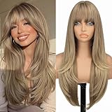 Nnzes Honey Blonde 26-inch Long Wig with Bangs for Women - Straight Layered Style, Realistic Scalp, Freestyle Parting, Natural-Looking & Heat-Resistant Synthetic Hair for Daily and Party Use