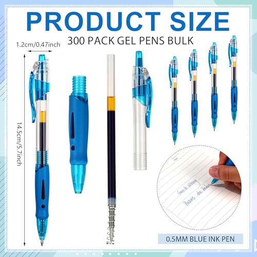 Image of 300 Pcs Gel Pens Bulk 0.5mm Ink Gel Pen Retractable Medium Point Rollerball Pens Quick Drying Smooth Writing with Comfortable Grip for School Office Journaling Note Homework (Blue)