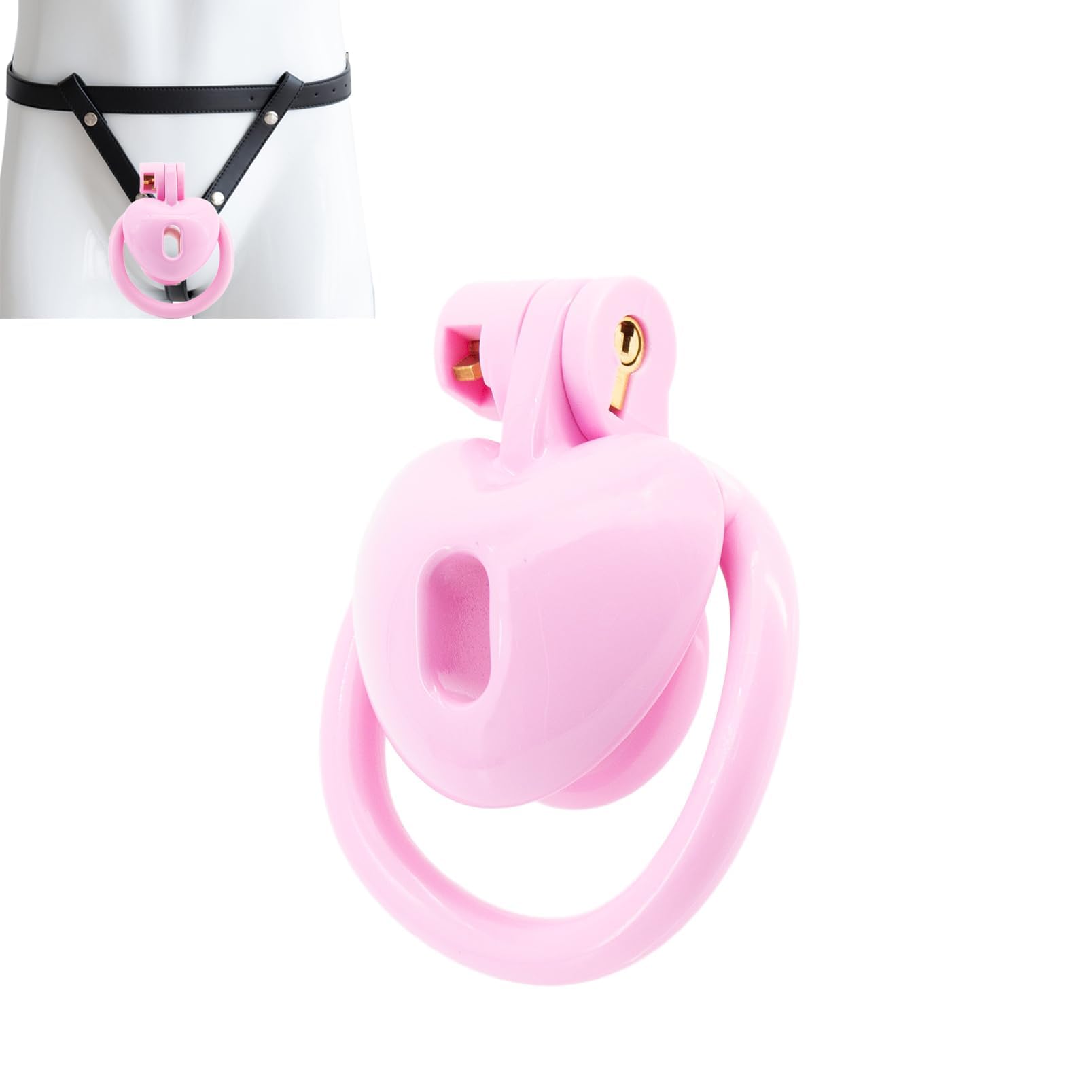 Gabbia per pene cava con cinturino in pelle a tre vie e 4 anelli per il pene, giocattolo sessuale per uomini, cintura di castità per schiavitù e contenimento del pene (Pink,S)