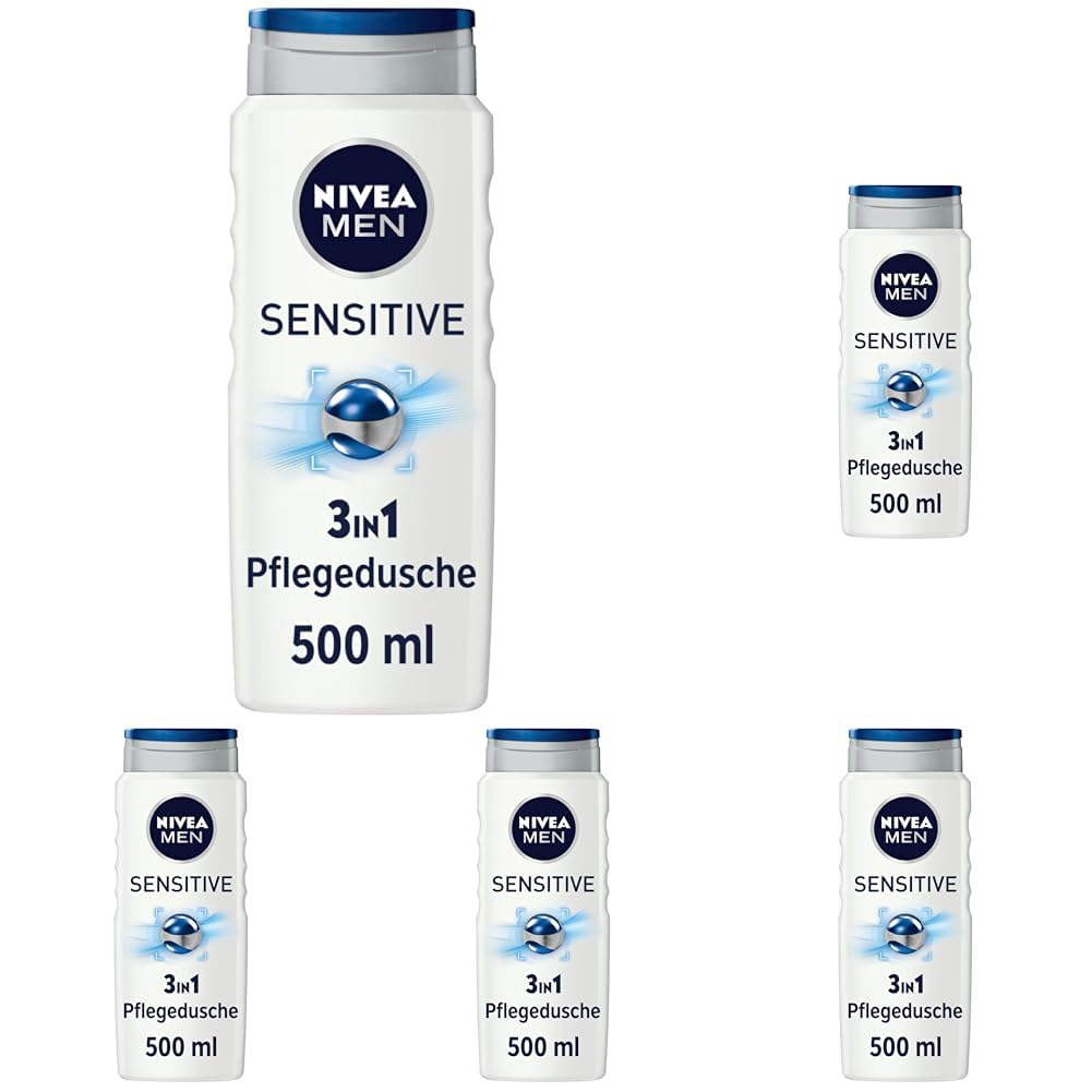 NIVEA MEN Sensitive Pflegedusche (500 ml), erfrischendes und pflegendes Duschgel mit Bambusmilch, feuchtigkeitsspendende Dusche für empfindliche Männerhaut (Packung mit 5)
