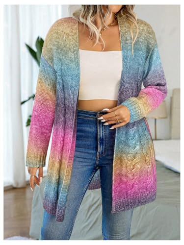 MakeMeChic Women's Plus Size Long Cardigans Rainbow Knit Open Front Crochet Colorful Cardigan Sweater4