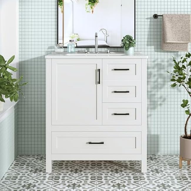 30 Inches White Bathroom Vanity with Sink, Solid Wood Frame, Soft Close Doors 3 Drawers, Removable Tray ¨C Storage Cabinet for Modern Bathrooms (3 Drawers + 1 Doors)