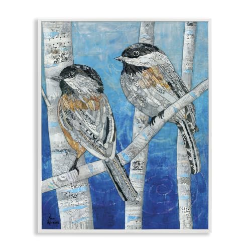 Chickadees Perched Ephemera Collage, 11 x 14 Inch Framed Giclée Print