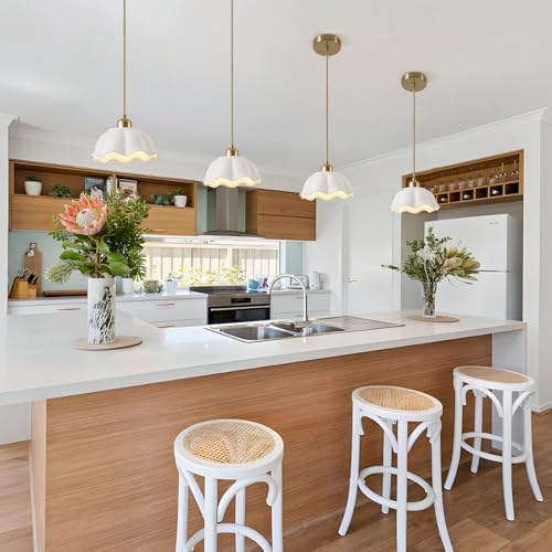 Image of Ceramic Pendant Light Nordic Vintage Mid Century Modern Hanging Lamp White Wave Ceramic Shade Brass Finish Ceiling Pendant Light for Bedside Dining Room Kitchen Island