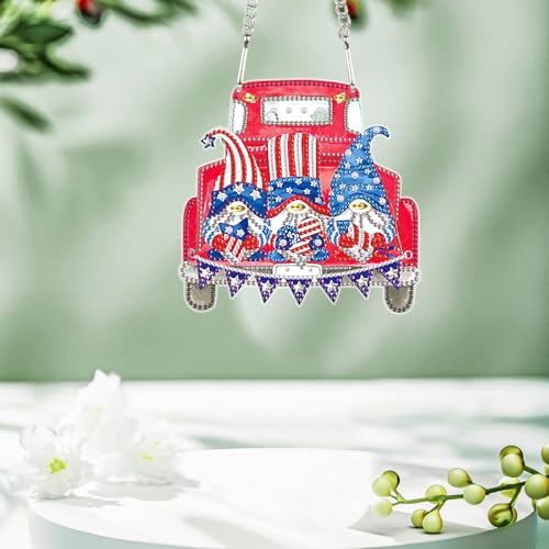 Image of AiYuanzsh Red Car Gnome Diamond Painting Hanging Kit, 5D DIY Acrylic Special Shaped Diamond Art Pendant Ornament with Chain, Independence Day Wall or Door Decor, July 4th Crystal Art Kit for Adults