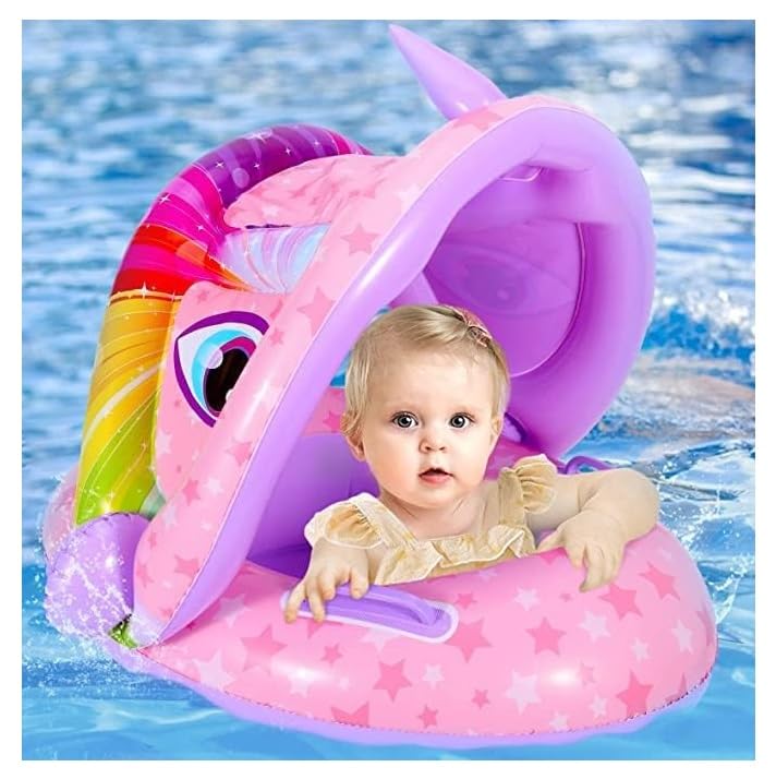 Baby Pool Float with Canopy Baby Swim Float Inflatable Swimming Ring with Adjustable Sun Protection Canopy Toddler Floaties with Seat and Handle Water Toys for Age 6-36 Months