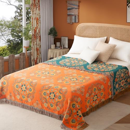 Phuryllic Boho Throw Blanket Twin Size, Soft Cozy Cotton Muslin Quilt Blanket for Bed Decor, Floral Patterned Couch Sofa Chair Cover, Vintage Farmhouse Cottage Tapestry Woven Blanket, Orange&Green Phuryllic Boho Throw Blanket Twin Size, Soft Cozy Cotton Muslin Quilt Blanket for Bed Decor, Floral Patterned Couch Sofa Chair Cover, Vintage Farmhouse Cottage Tapestry Woven Blanket, Orange&Green