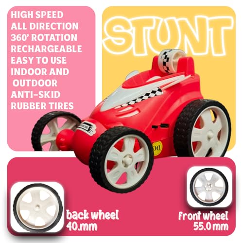 Image of Remote Control Small Stunt Car for Kids - 4WD Off-Road Rock Crawler for Boys Girls with 360 Spins, Rechargeable Battery Anti-Skid Rubber Tires, Indoor Outdoor Play (RED, 368)