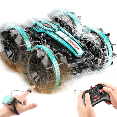 HappyGoLucky Auto Telecomandata Anfibia 4x4 Bambini - Doppia Batteria 1200mAh, Controllo Manuale e a Gesti, Terreno Acqua e Terra, Regalo per Bambini 3+ Anni (Blu)