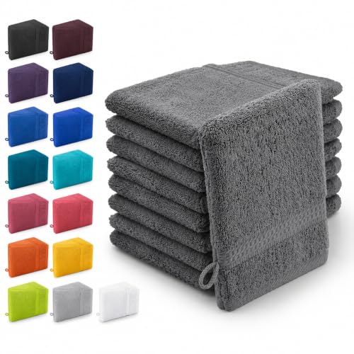 10er Set Waschhandschuhe Waschlappen Anthrazit 16x21 cm | 100% Baumwolle Frottier | Oeko-TEX Standard 100 | Premium Qualität 500 g/m