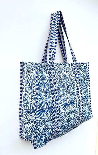 Image of Quilted Cotton Hand printed Reversible Large multicolor cotton Tote Bag,Indian Handmade Block Printed Tote Bag Women Handbag