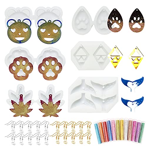 Woohome 68 PCS Earring Jewelry Epoxy Resin Silicone Moulds Set, 6 Style Moulds With Ear Hooks