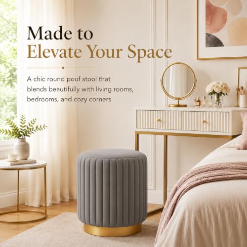 Image of Designer Velvet Round Footstool Ottoman with Sturdy Gold Metal Band Base for Home Decor & Extra Seating, Lightweight Pouf Stool for Sofa Side & Bedroom, 16x16x17 Inch (Grey)
