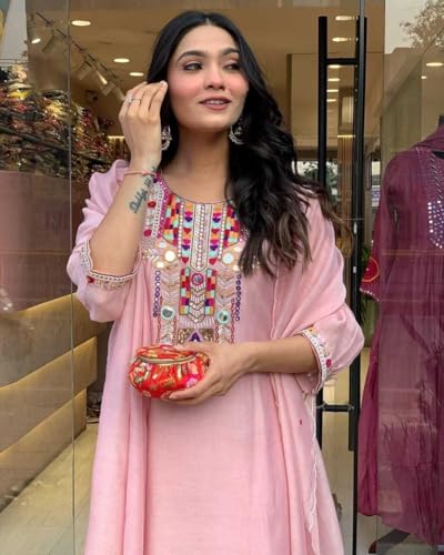 Image of Women's Cotton Mirror Work Embroidered Straight Kurti with Pant and Dupatta Set