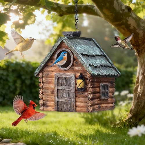 Bird Houses for Outside Real Wood-Look Resin Bird House with Hanging Chain – Waterproof & Durable Forest Birdhouses for Outdoors for Bluebird Finches Cardinals Bird Nesting Garden, Patio, Yard