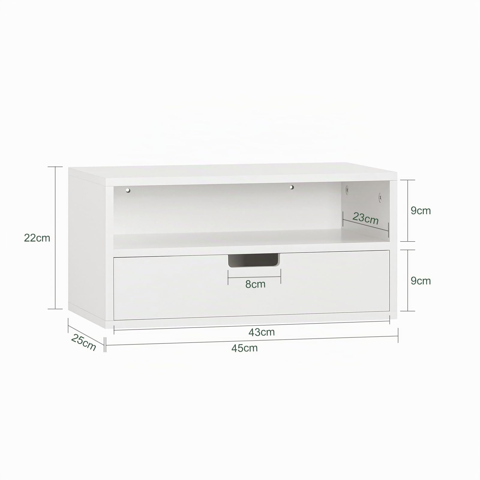 SoBuy Comodino sospeso con cassetto e mensola 45x25x22 cm | Mensola da muro con vano aperto, soluzione salvaspazio per camera e ingresso, bianco NKD03-W