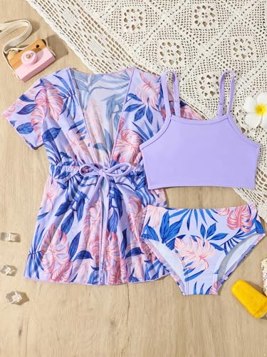 Kids Girls Ruffled Floral Kimono Cover Up Set 3 Piece Racer Back Bikini Top with Brief3
