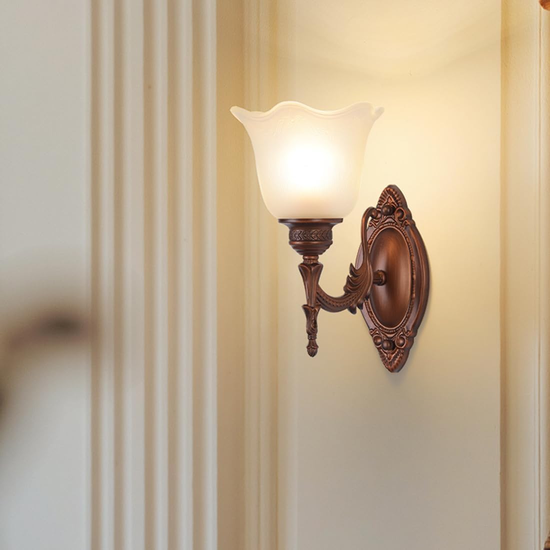 Uosooty Retro Wall Sconce 1-Light White Glass Vanity Lights Flower Shape Bathroom Light Fixtures Antique Bronze Wall Sconces for Bedroom Living Room Hallway, Indoor Lighting