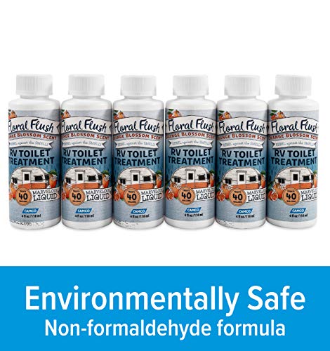 Image of Camco 41481 Floral Flush RV Toilet Treatment Singles, Orange Blossom Scent - Eliminates Odors and Breaks Down Waste - Each Bottle Treats Up to 40-gallons - Contains (6) 4 oz. Bottles (Pack of 4)