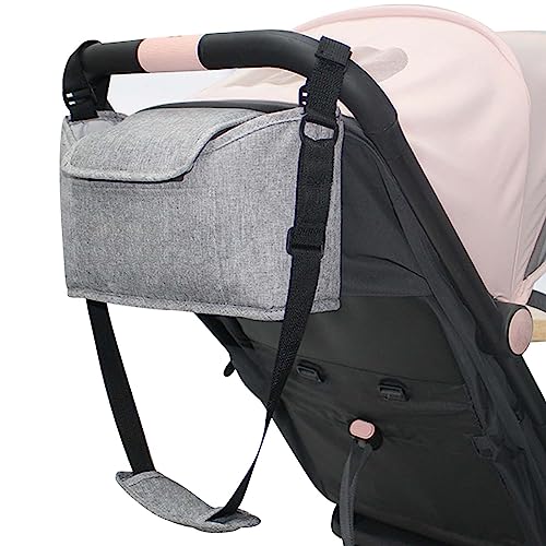 Kinderwagen Organizer Universal, Baby Stroller Bag mit Schultergurten, Kinderwagentasche Buggy Tasche Baby Multifunktionale Aufbewahrungstasche mit 2 Getränkehalter (Grau)