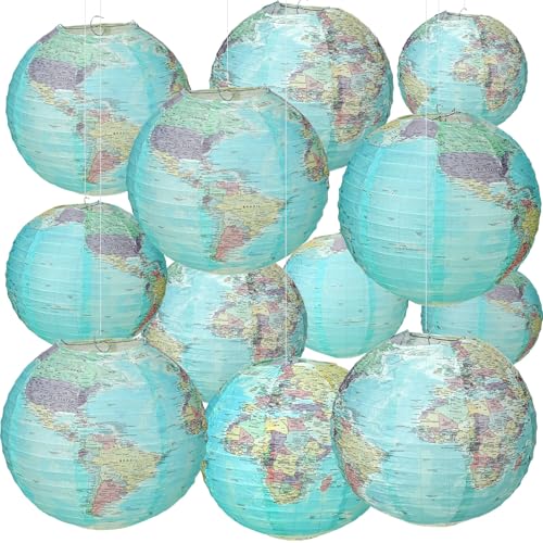 Retisee 12 Pcs World Map Paper Lanterns for Classroom 10 Inch Earth Globes Hanging Paper Lanterns History Classroom Ceiling Decor for Back to School Around The World Travel Themed Party