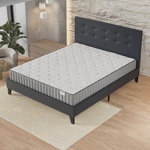 NOVEMBER- Ensemble Matelas + Sommier & tête de lit capitonnée (160 x 200cm)- Matelas Orionis Mousse Mémoire de Forme d’épaisseur 16cm + Lit Stable & Robuste,...