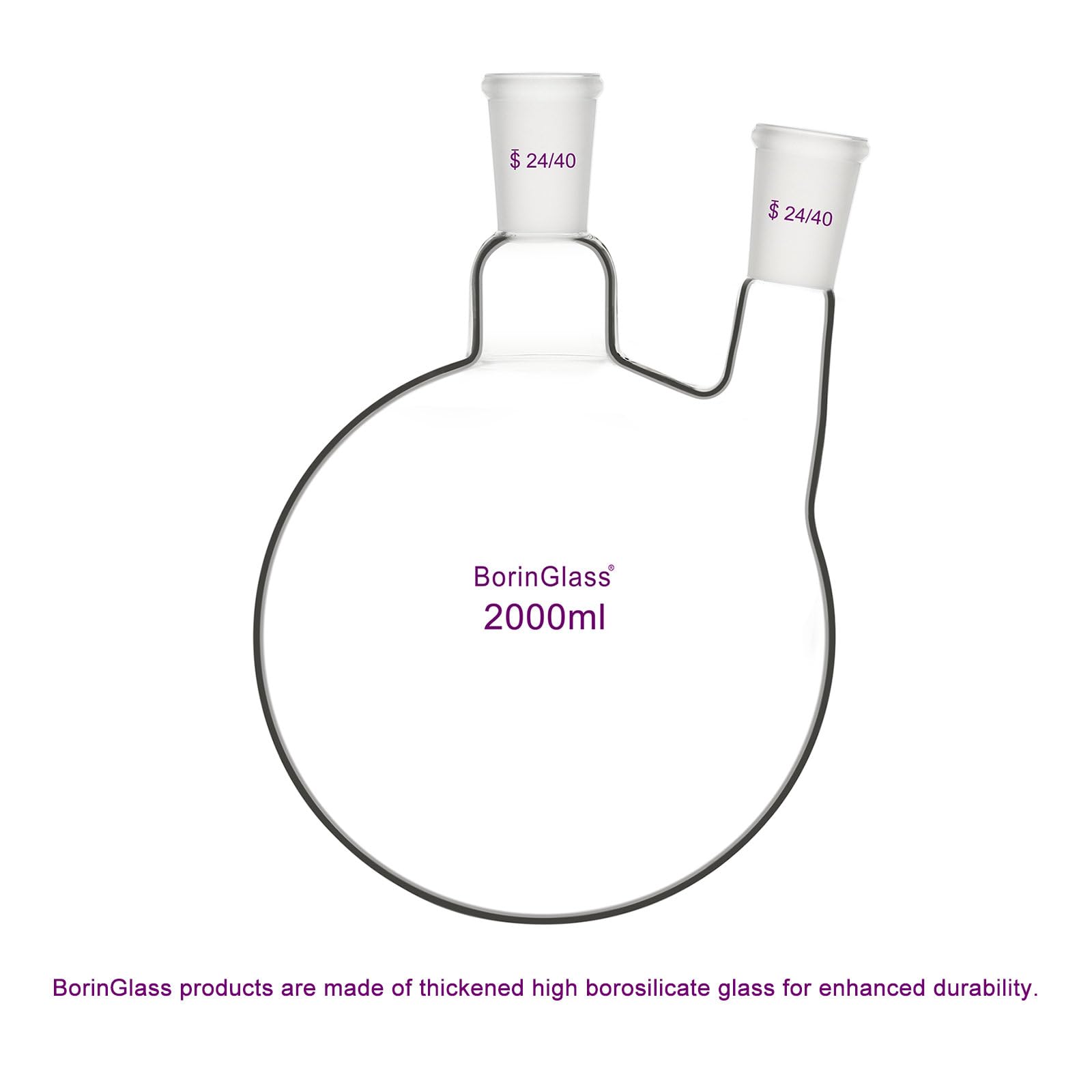 BorinGlass Zweihals-Rundkolben, Glas-Siedekolben mit zwei Hälsen und 24/40 Standard-Schliff-Außenverbindungen, 2000 ml