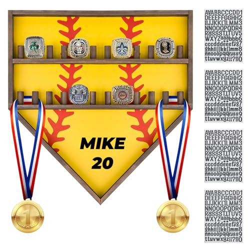 24-Slot Wooden Championship Ring Display Case - Personalized Name Wall Mount Sports Ring Holder for Baseball Softball Basketball Medals Sports Memorabilia Shelf Decor for Men Boys & Coaches Gifts
